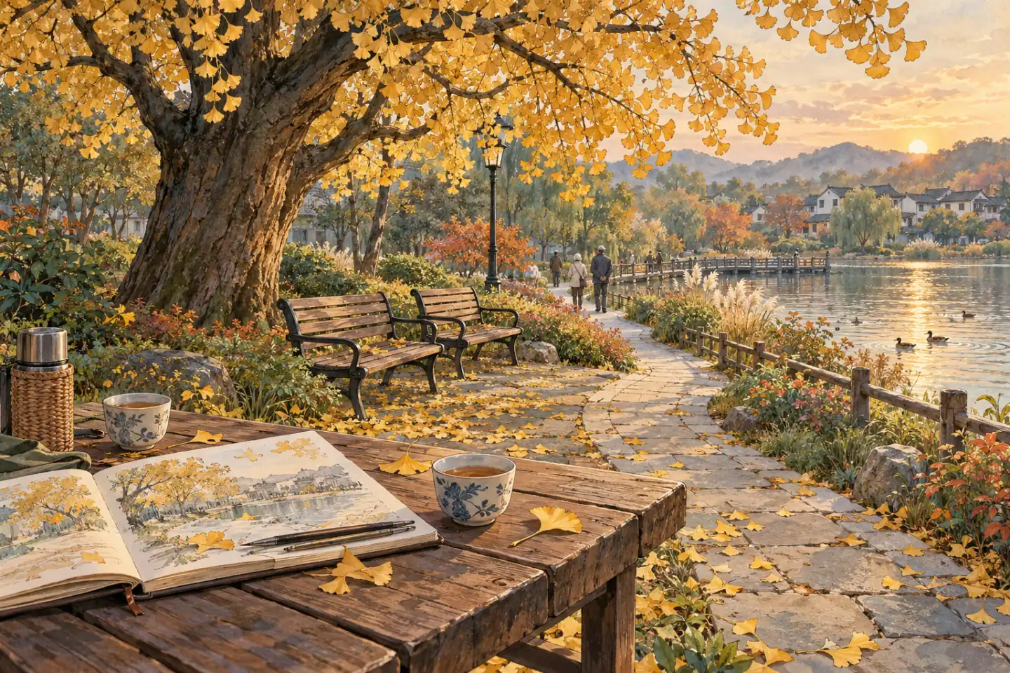 暮色中的公园长椅与人生画册