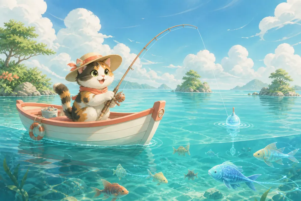 三花猫在清澈未来海湾的小船上垂钓彩色鱼群