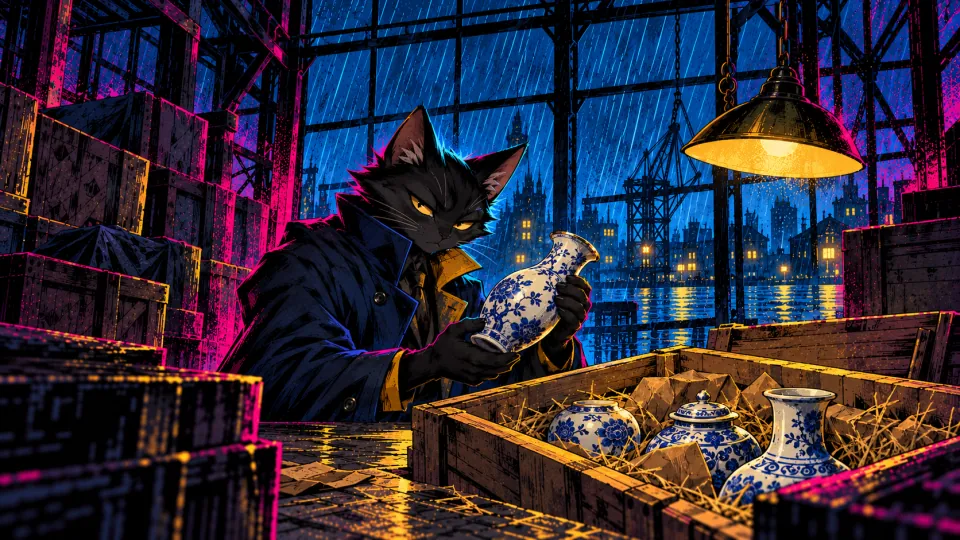 猫侦探在雨夜仓库核对瓷器与验货记录